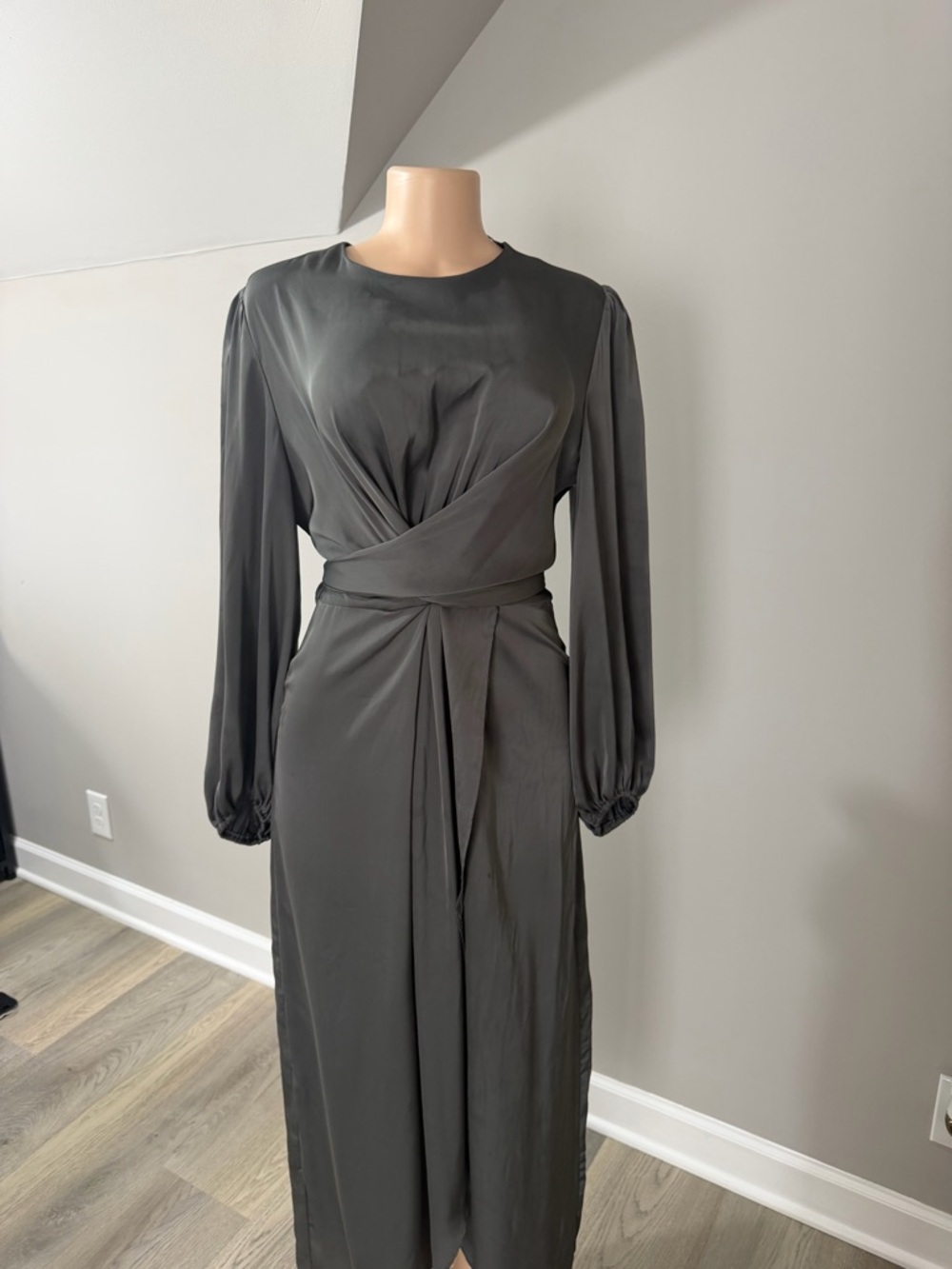 Sage blue satin wedding guest dress